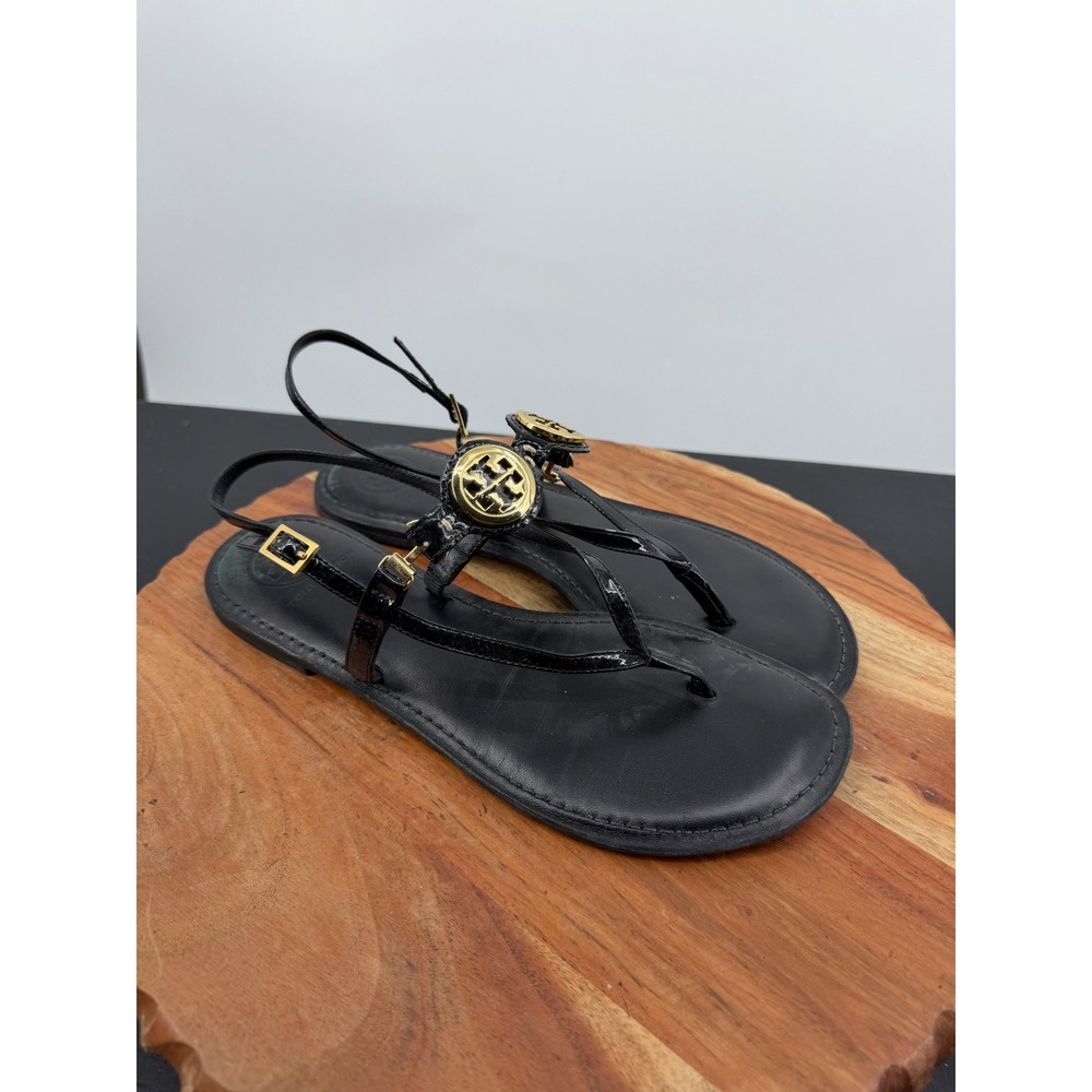 Tory Burch Miller Slingback Sandals Women 8.5M Black Patent Gold Logo Medallion